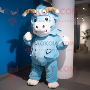 Sky Blue Bull mascot costume character dressed with a Parka and Gloves