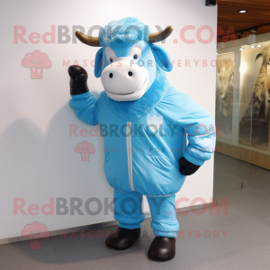 Sky Blue Bull mascot costume character dressed with a Parka and Gloves