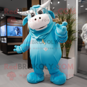 Sky Blue Bull mascot costume character dressed with a Parka and Gloves