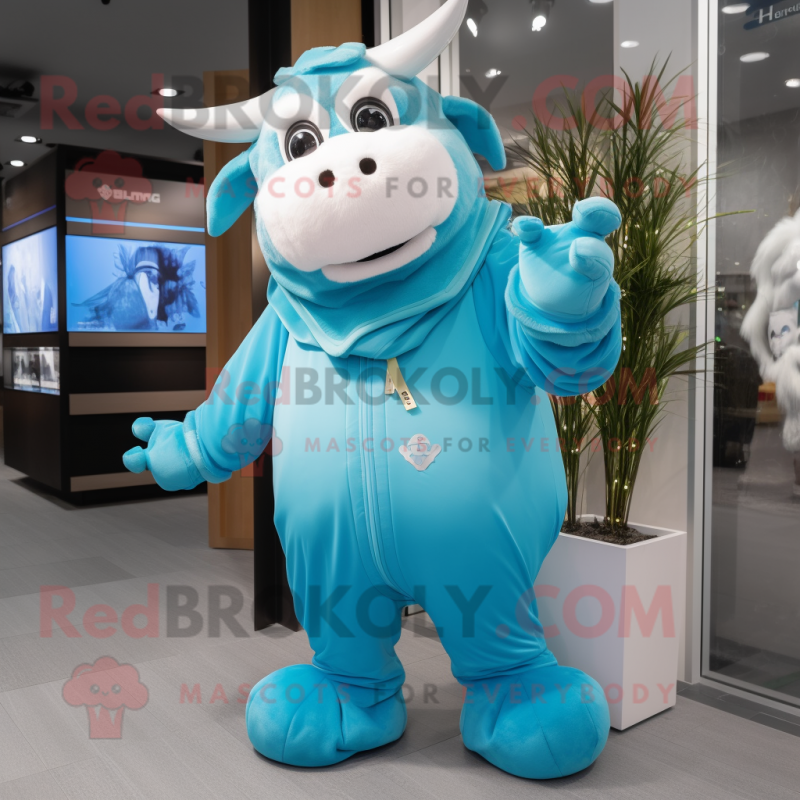 Sky Blue Bull mascot costume character dressed with a Parka and Gloves Sky Blue Bull mascot costume character dressed with a Parka and Gloves