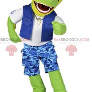 Green crocodile mascot in blue surf outfit - Redbrokoly.com