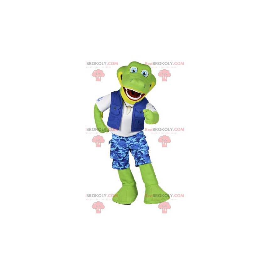 Green crocodile mascot in blue surf outfit - Redbrokoly.com