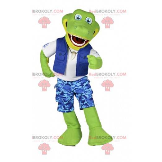 Mascotte de crocodile vert en tenue de surf bleu -