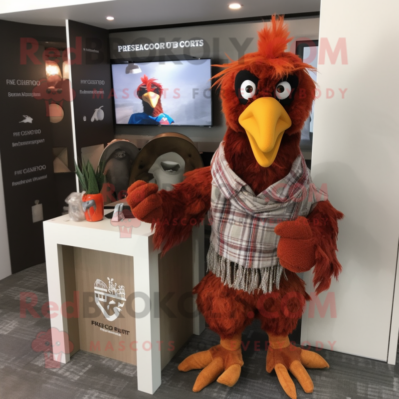 Rust Rooster mascot costume character dressed with a Sweater and Pocket squares