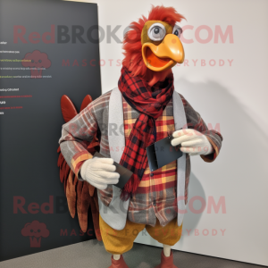 Rust Rooster mascot costume character dressed with a Sweater and Pocket squares