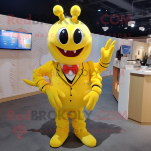 Lemon Yellow Lobster mascot costume character dressed with a Skirt and Tie pins