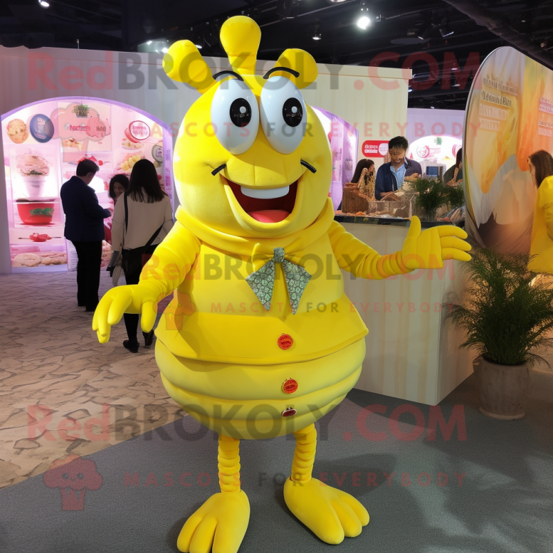 Lemon Yellow Lobster mascot costume character dressed with a Skirt and Tie pins Lemon Yellow Lobster mascot costume character dressed with a Skirt and Tie pins