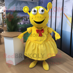 Lemon Yellow Lobster mascot costume character dressed with a Skirt and Tie pins