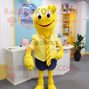 Lemon Yellow Lobster mascot costume character dressed with a Skirt and Tie pins