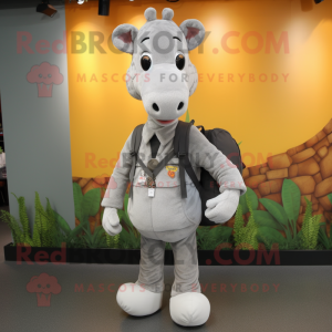 Gray Giraffe mascot costume character dressed with a Henley Shirt and Backpacks