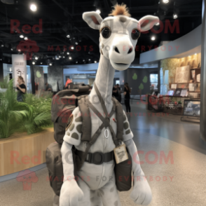 Gray Giraffe mascot costume character dressed with a Henley Shirt and Backpacks