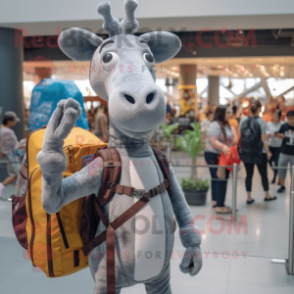 Gray Giraffe mascot costume character dressed with a Henley Shirt and Backpacks