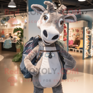Gray Giraffe mascot costume character dressed with a Henley Shirt and Backpacks