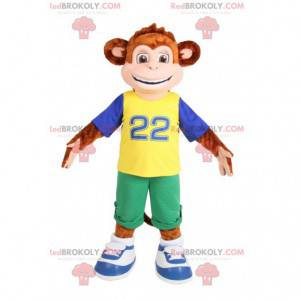 Brązowa małpa maskotka w odzieży sportowej. Kostium małpy -