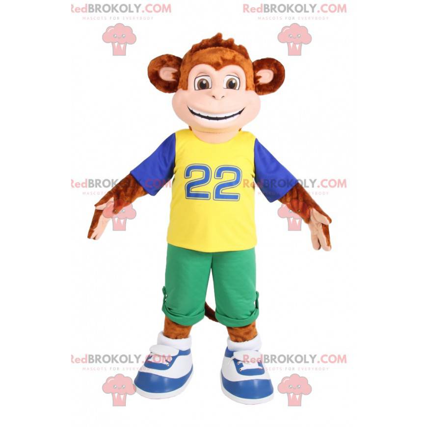 Brown monkey mascot in sportswear. Monkey costume -