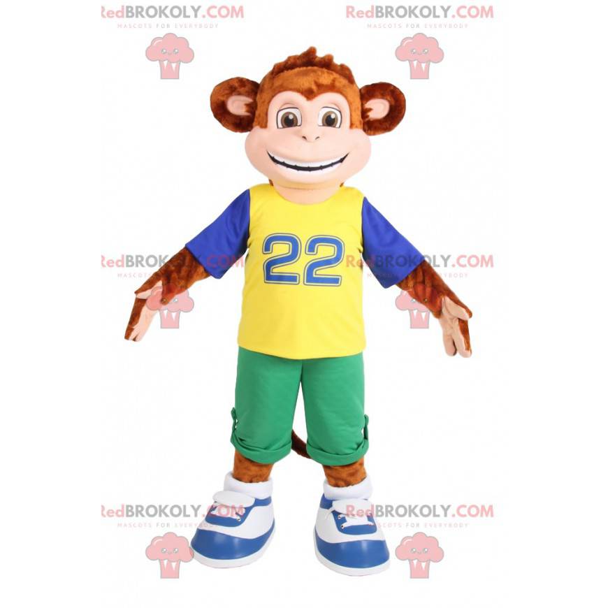 Mascote do macaco marrom em roupas esportivas. Fantasia de
