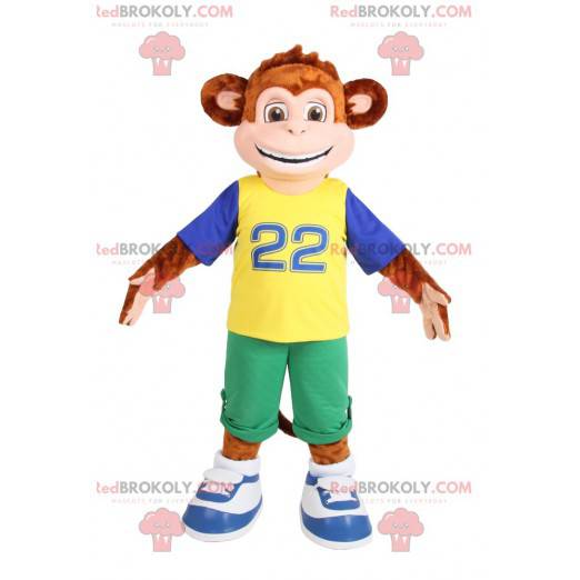 Brown monkey mascot in sportswear. Monkey costume -