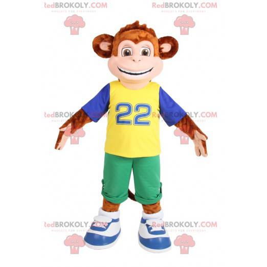 Mascotte scimmia marrone in abiti sportivi. Costume da scimmia