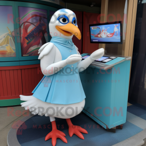 Turquoise Gull mascot costume character dressed with a Pencil Skirt and Foot pads