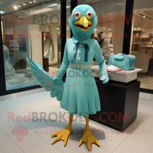 Turquoise Gull mascot costume character dressed with a Pencil Skirt and Foot pads