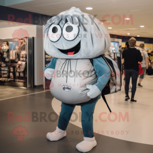 Gray Clam Chowder mascot costume character dressed with a Leggings and Backpacks