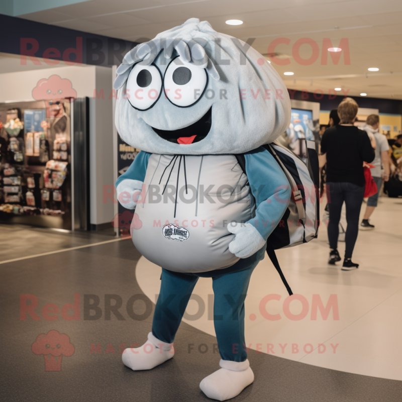 Gray Clam Chowder mascot costume character dressed with a Leggings and Backpacks Gray Clam Chowder mascot costume character dressed with a Leggings and Backpacks