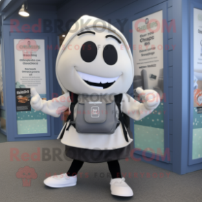 Gray Clam Chowder mascot costume character dressed with a Leggings and Backpacks