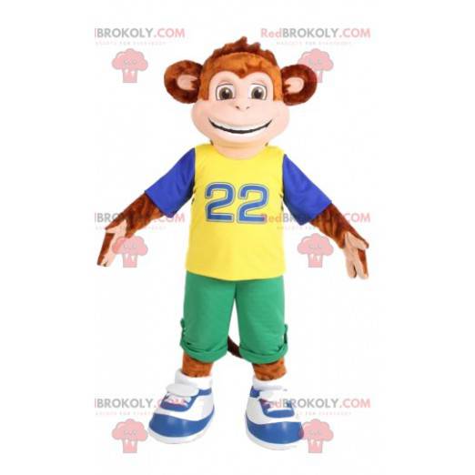 Mascotte scimmia marrone in abiti sportivi. Costume da scimmia