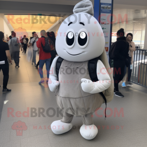 Gray Clam Chowder mascot costume character dressed with a Leggings and Backpacks