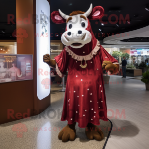 Maroon Cow mascot costume character dressed with a Maxi Dress and Foot pads