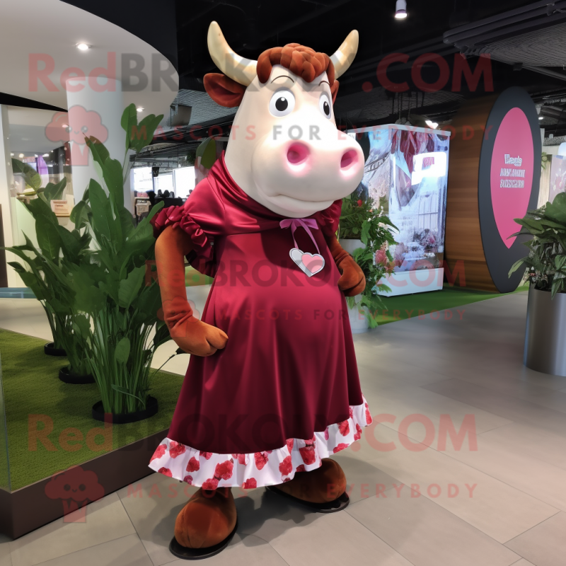 Maroon Cow mascot costume character dressed with a Maxi Dress and Foot pads