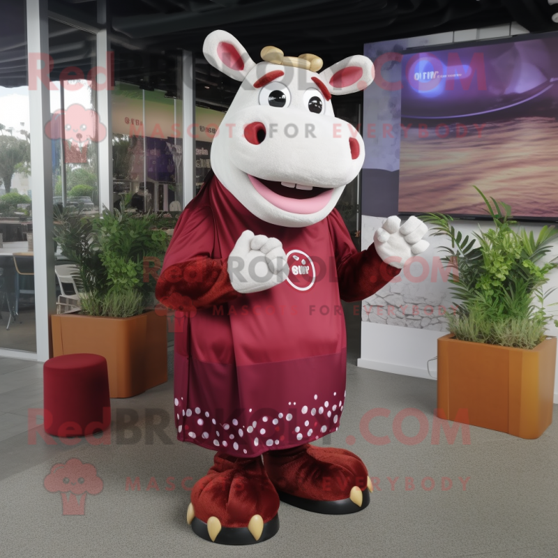 Maroon Cow mascot costume character dressed with a Maxi Dress and Foot pads