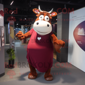 Maroon Cow mascot costume character dressed with a Maxi Dress and Foot pads