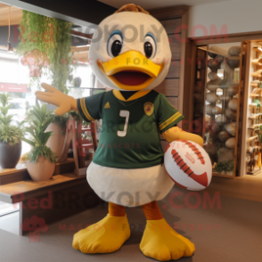Olive Duck mascot costume character dressed with a Rugby Shirt and Keychains