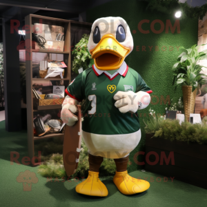 Olive Duck mascot costume character dressed with a Rugby Shirt and Keychains