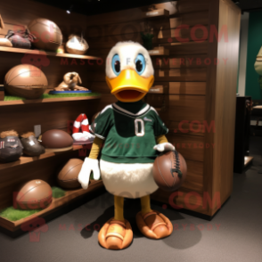 Olive Duck mascot costume character dressed with a Rugby Shirt and Keychains