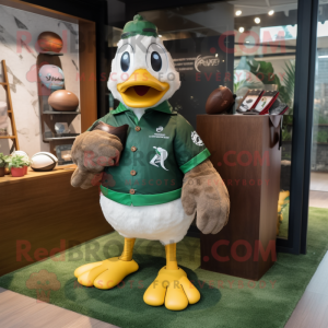 Olive Duck mascot costume character dressed with a Rugby Shirt and Keychains
