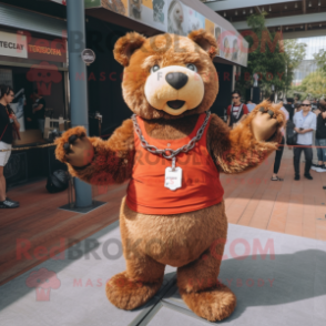 Rust Teddy Bear mascot costume character dressed with a Wrap Skirt and Necklaces