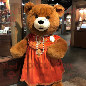 Rust Teddy Bear mascot costume character dressed with a Wrap Skirt and Necklaces