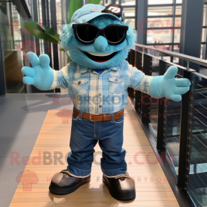 Teal Cod mascot costume character dressed with a Denim Shirt and Sunglasses