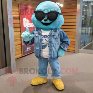 Teal Cod mascot costume character dressed with a Denim Shirt and Sunglasses