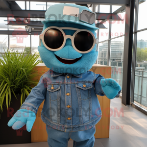 Teal Cod mascot costume character dressed with a Denim Shirt and Sunglasses