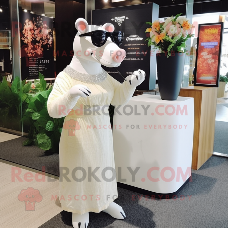 White Tapir mascot costume character dressed with a Cocktail Dress and Sunglasses White Tapir mascot costume character dressed with a Cocktail Dress and Sunglasses