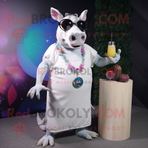 White Tapir mascot costume character dressed with a Cocktail Dress and Sunglasses