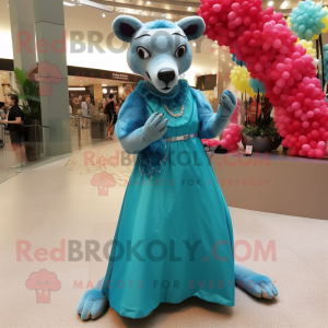 Cyan Thylacosmilus mascot costume character dressed with a Ball Gown and Keychains