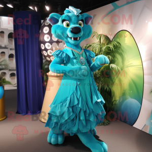 Cyan Thylacosmilus mascot costume character dressed with a Ball Gown and Keychains