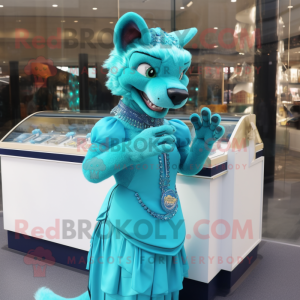 Cyan Thylacosmilus mascot costume character dressed with a Ball Gown and Keychains