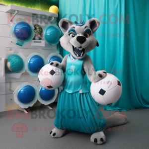 Cyan Thylacosmilus mascot costume character dressed with a Ball Gown and Keychains