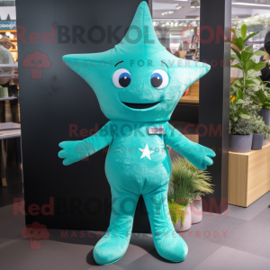 Turquoise Starfish mascot costume character dressed with a Playsuit and Tie pins