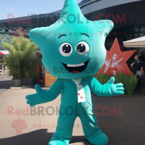 Turquoise Starfish mascot costume character dressed with a Playsuit and Tie pins